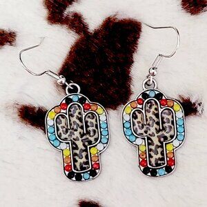 Colorful Animal Print Cactus Dangle Hook Earrings